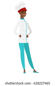 Young african-american chef cook laughing. Chef cook laughing with hands on stomach. Chef cook laughing with closed eyes and open mouth. Vector flat design illustration isolated on white background.