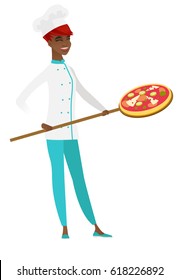 Young african-american chef cook preparing pizza. Smiling chef cook holding pizza on spatula. Full length of happy chef cook with a pizza. Vector flat design illustration isolated on white background.
