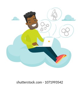 Young african-american college student sitting on the cloud with a laptop. Man using cloud computing technologies. Concept of elearning and cloud computing. Vector cartoon illustration. Square layout.