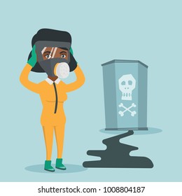 Young african-american concerned woman in respirator and yellow protective suit clutching her head and looking at leaking barrel with radiation sign. Vector cartoon illustration. Square layout.
