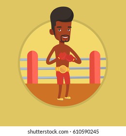 Young african-american confident sportsman in boxing gloves. Boxer standing in the boxing ring. Sportsman wearing boxing gloves. Vector flat design illustration in the circle isolated on background.