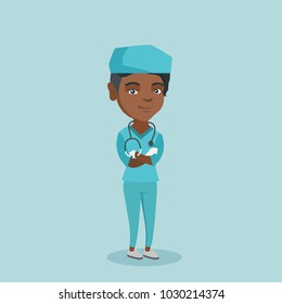 Young african-american confident surgeon standing with arms crossed. Full length of a surgeon in medical uniform and a stethoscope on her neck. Vector cartoon illustration. Square layout.
