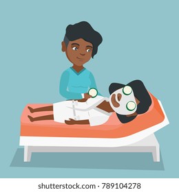 Young african-american cosmetologist applying cosmetic mask on the face of a woman in a beauty salon. Woman with mask on the face relaxing in a beauty salon. Vector cartoon illustration. Square layout