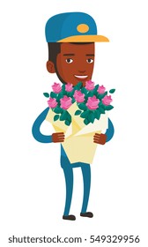 Young african-american delivery man delivering flowers. Delivery courier with bouquet of flowers. Delivery man holding bouquet of flowers. Vector flat design illustration isolated on white background.