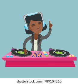 Young african-american DJ mixing music on vinyl turntables. DJ playing the track and mixing music on deck. DJ in headphones at nightclub during party. Vector cartoon illustration. Square layout.