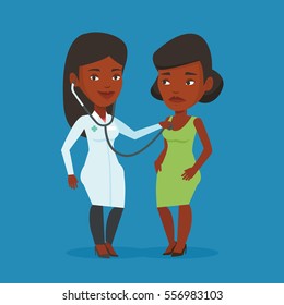 Young african-american doctor listening to chest of patient with stethoscope. Female patient visiting doctor. Doctor examining chest of a female patient. Vector flat design illustration. Square layout