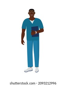  Young African-American doctor, smiling and holding a blue folder. Vector illustration on white background.
