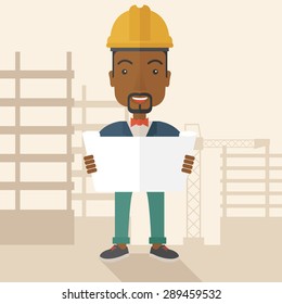 A young african-american engineer holding while reviewing the construction plan. A Contemporary style with pastel palette, soft beige tinted background. Vector flat design illustration. Square layout.