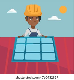 Joven ingeniero afroamericano instalando paneles solares en el techo. Ingeniero en el panel solar de control de sombrero duro en el techo. Ingeniero ajustando panel solar. Ilustración de dibujos animados. Diseño cuadrado.