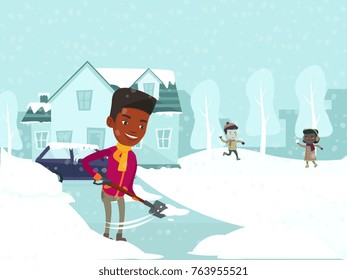 Young african-american father removing snow with a shovel in the yard while his caucasian white son and african daughter playing snowballs on snowy winter day. Vector isolated cartoon illustration.