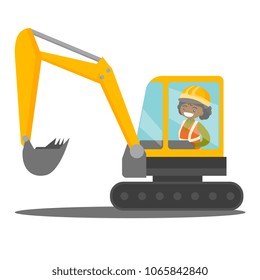 Young african-american female builder in hard hat driving an excavator. Woman in reflective clothing operating an excavator. Vector cartoon illustration isolated on white background. Square layout.