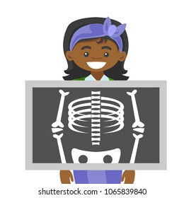 Young african-american female patient undergoing chest X-ray procedure. Happy smiling patient visiting a roentgenologist. Vector cartoon illustration isolated on white background. Square layout.