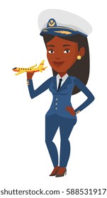 Young african-american female pilot holding a model of airplane in hand. Female airline pilot in uniform. Pilot with model of airplane. Vector flat design illustration isolated on white background.