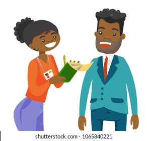 Young african-american female reporter interviewing a man and taking notes. Journalist making an interview with businessman. Vector cartoon illustration isolated on white background. Horizontal layout