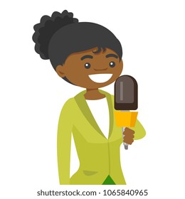 Young african-american female TV reporter with a microphone presenting the news. Professional reporter speaking into microphone. Vector cartoon illustration isolated on white background. Square layout