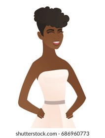 Young african-american fiancee in a white dress laughing. Fiancee laughing with hands on her stomach. Fiancee laughing with closed eyes. Vector flat design illustration isolated on white background.