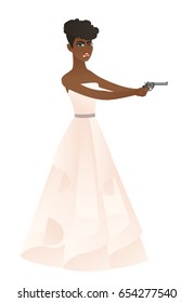 Young African-american Furious Bride In A White Long Wedding Dress Holding A Handgun. Full Length Of Aggressive Bride Fires A Handgun. Vector Flat Design Illustration Isolated On White Background.