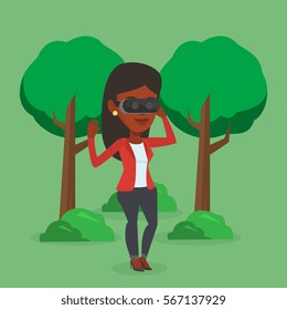 Young african-american gamer wearing virtual reality headset in the park. Happy woman using virtual reality glasses and playing videogame in the park. Vector flat design illustration. Square layout.