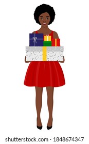 A young African-American girl in a beautiful dress smiles and holds boxes of Christmas and new year gifts in her hands. Vector stock flat illustration isolated on a white background.