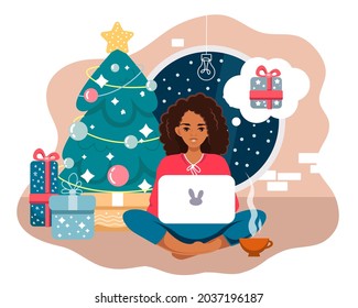 A young African-American girl orders New Year's gifts on the Internet. The girl is sitting at home surrounded by holiday boxes and a Christmas tree. Online shopping before the winter holidays. Vector