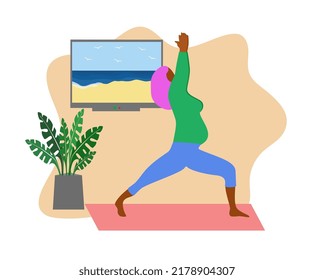 A young African-American girl practices yoga in her apartment. Against the background of a TV, which depicts a seashore with seagulls, soothing music or sounds of nature may be playing.