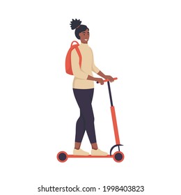 A young African-American girl rides an electric scooter on the street. Flat vector illustration.