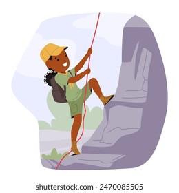 Young African-american Girl Scout Enthusiastically Climbing A Rock, Equipped With Rope And Harness, She Showcases Bravery And Joy In A Natural Setting, Spirit Of Youth Adventure And Outdoor Education