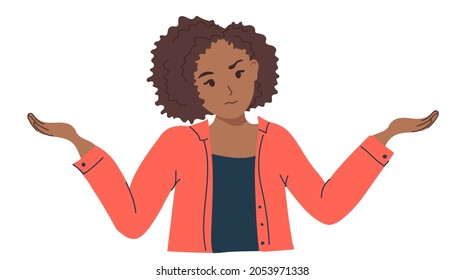 Young African-American girl throws up her hands in bewilderment. Vector illustration of a business lady or student isolated on a white background