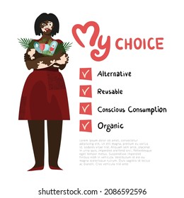 Young African-American girl with vitiligo skin. Illustration manifesto choice of environmental friendliness. Reusable feminine hygiene. The concept of conscious consumption.