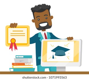 Young african-american graduate holding certificate and tablet computer with graduation cap on a screen. Concept of educational technology, online education and graduation. Vector cartoon illustration