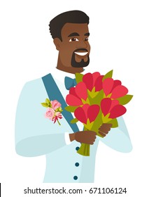Young african-american groom with a bridal bouquet. Merry smiling groom in a suit holding a wedding bouquet. Vector flat design illustration isolated on white background.