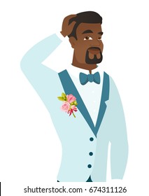 Young african-american groom in a wedding suit scratching his head. Thoughtful groom scratching head. Puzzled groom scratching his head. Vector flat design illustration isolated on white background.