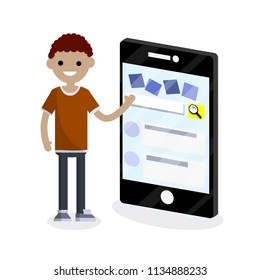 Young African-American guy in brown clothes stands next to a large phone and waves his hand. man and social networks. Internet access. modern digital technology - Cartoon flat illustration
