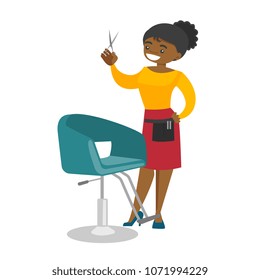 Young african-american hair stylist standing next to the armchair in the beauty saloon and holding hairdressing tools in a hand. Vector cartoon illustration isolated on white background. Square layout