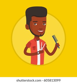 Young african-american hairstylist holding comb and scissors in hands. Professional hairstylist ready to do a haircut. Vector flat design illustration in the circle isolated on background.