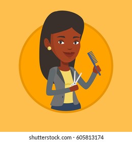 Young african-american hairstylist holding comb and scissors in hands. Professional hairstylist ready to do a haircut. Vector flat design illustration in the circle isolated on background.