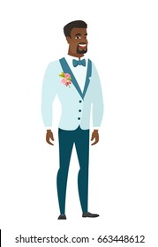 Jovem noivo feliz afro-americano em um terno de casamento. Comprimento total do noivo sorridente posando. Ilustração de noivo feliz. Ilustração de design plano vetorial isolada sobre fundo branco.