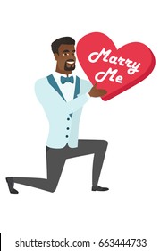 Young african-american happy man kneeling and making marriage proposal. Smiling man kneeling and holding valentine card with text marry me. Vector flat design illustration isolated on white background