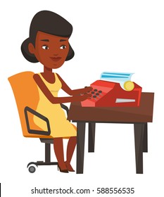 Young african-american journalist writing an article on a vintage typewriter. Concentrated female journalist working on retro typewriter. Vector flat design illustration isolated on white background.