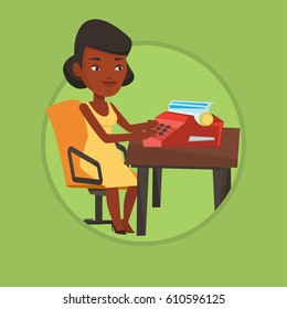 Young african-american journalist writing an article on a vintage typewriter. Concentrated journalist working on retro typewriter. Vector flat design illustration in the circle isolated on background.