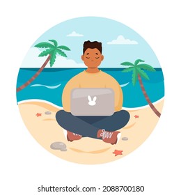 A young African-American in the lotus position is working at a computer on the beach. Freelancer with a laptop. Online training. Vector flat design illustration in the circle isolated on background. 