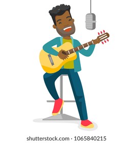 Young african-american male singer playing guitar. Artist singing into a microphone and playing acoustic guitar. Vector cartoon illustration isolated on white background. Square layout.