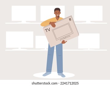 Young African-American Man  Buying TV in Appliance Store. Vector Illustration