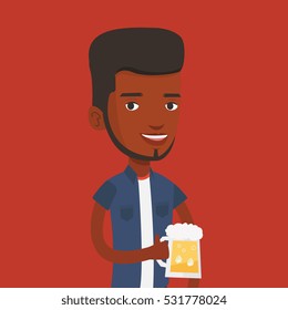 Young african-american man celebrating with beer. Smiling man holding a big glass of beer. Full length of male beer fan. Vector flat design illustration. Square layout.