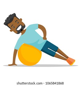 Junge afrikanische Amerikaner machen Übungen mit einem Fitball. Glad-Sportler, der eine Seitenkollektion auf einem Fitball hält. Gesunder Lebensstil Vektorgrafik-Illustration einzeln auf weißem Hintergrund.