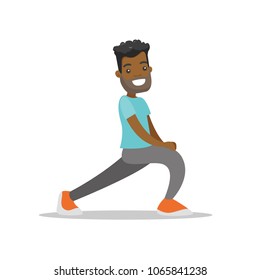 Young african-american man doing stretching warm up exercise. Sportsman stretching legs doing forward lunge before workout. Vector cartoon illustration isolated on white background. Square layout.