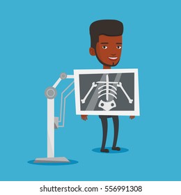 Young african-american man during chest x ray procedure. Young man with x ray screen showing his skeleton. Happy male patient visiting roentgenologist. Vector flat design illustration. Square layout.