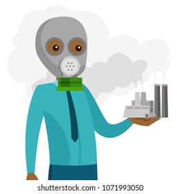 Young african-american man in gas mask holding nuclear power plant with smoking towers in hand. Contamination of the environment concept. Vector cartoon illustration isolated on white background.