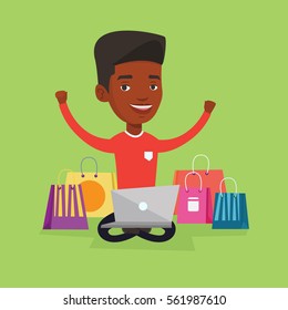 Young african-american man with hands up using laptop for shopping online. Happy man sitting with shopping bags around him. Man doing online shopping. Vector flat design illustration. Square layout.