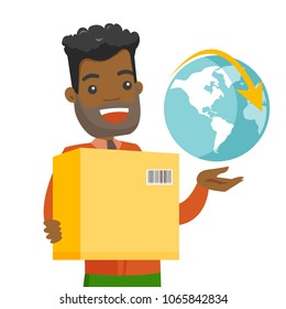 Young african-american man holding box with parcel and world globe. International delivery service and global business concept. Vector cartoon illustration isolated on white background. Square layout.